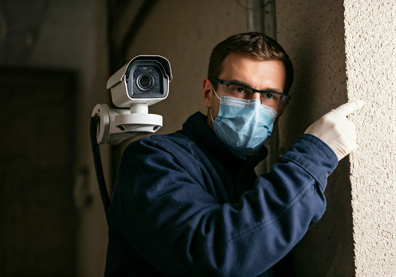 Man in mask setting up security camera