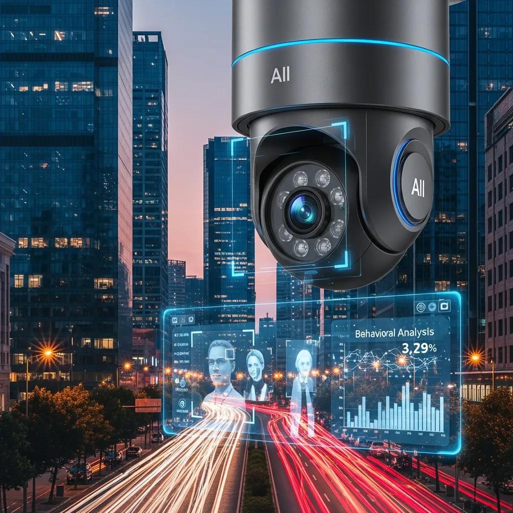 AI-enabled security camera capturing footage with advanced features in an urban setting