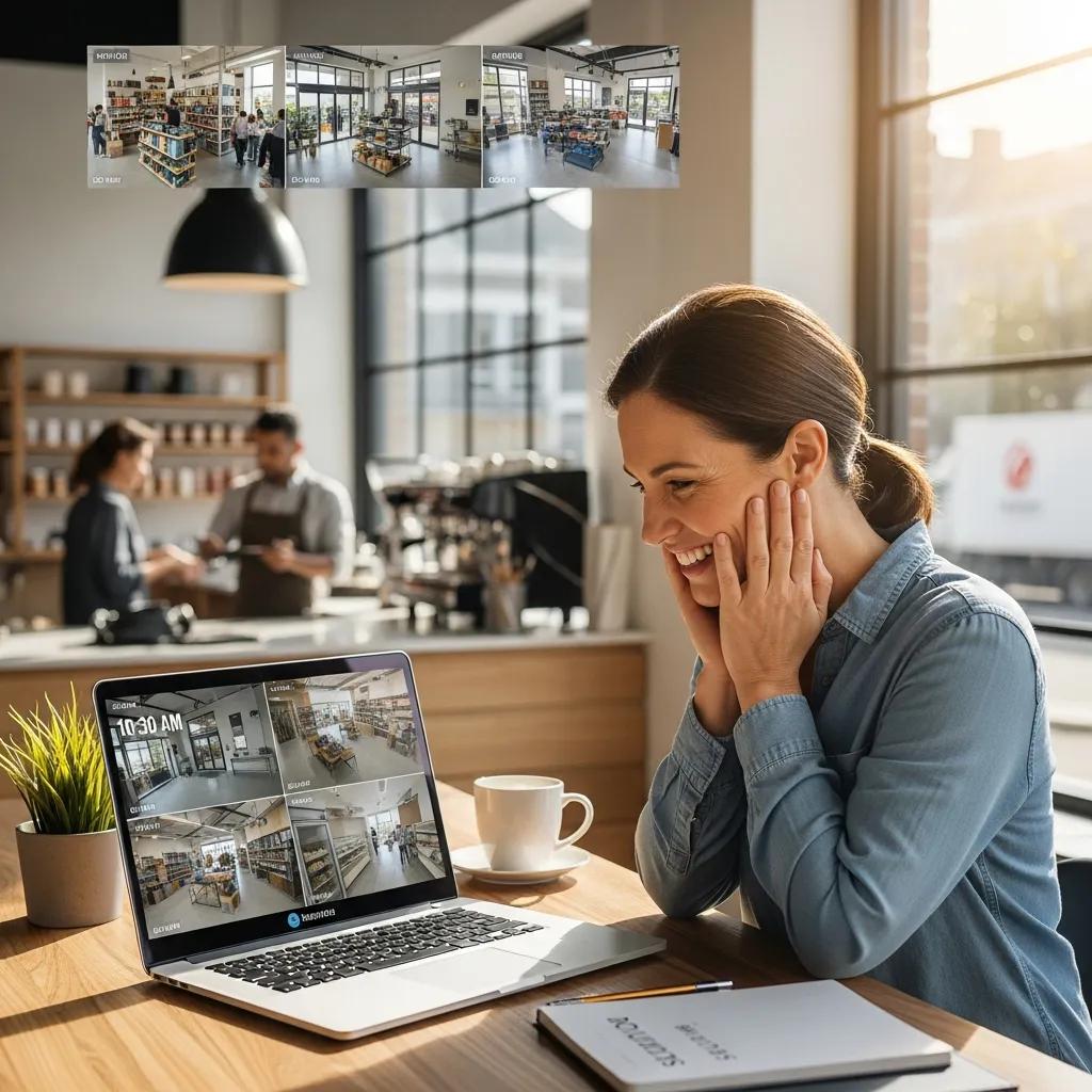 Business owner monitoring security footage, showcasing benefits of security systems