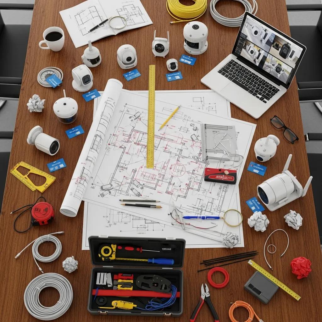 CCTV system design layout with blueprints and camera models, illustrating professional planning for security installations