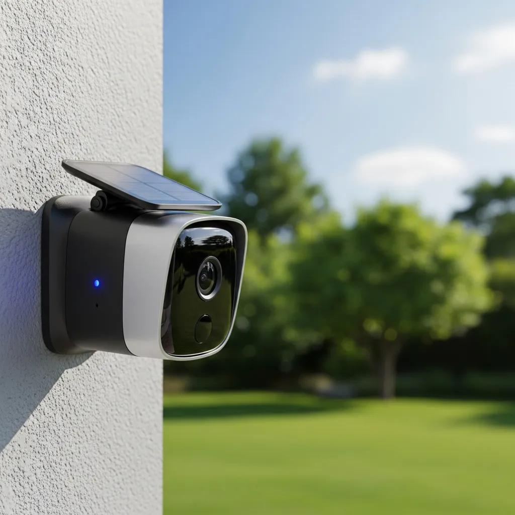 Close-up of a wireless security camera installed outdoors