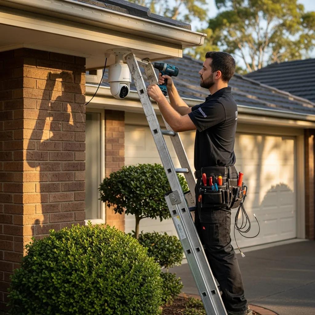 Professional technician installing a security camera on a residential property, emphasizing home surveillance solutions and expert installation services.