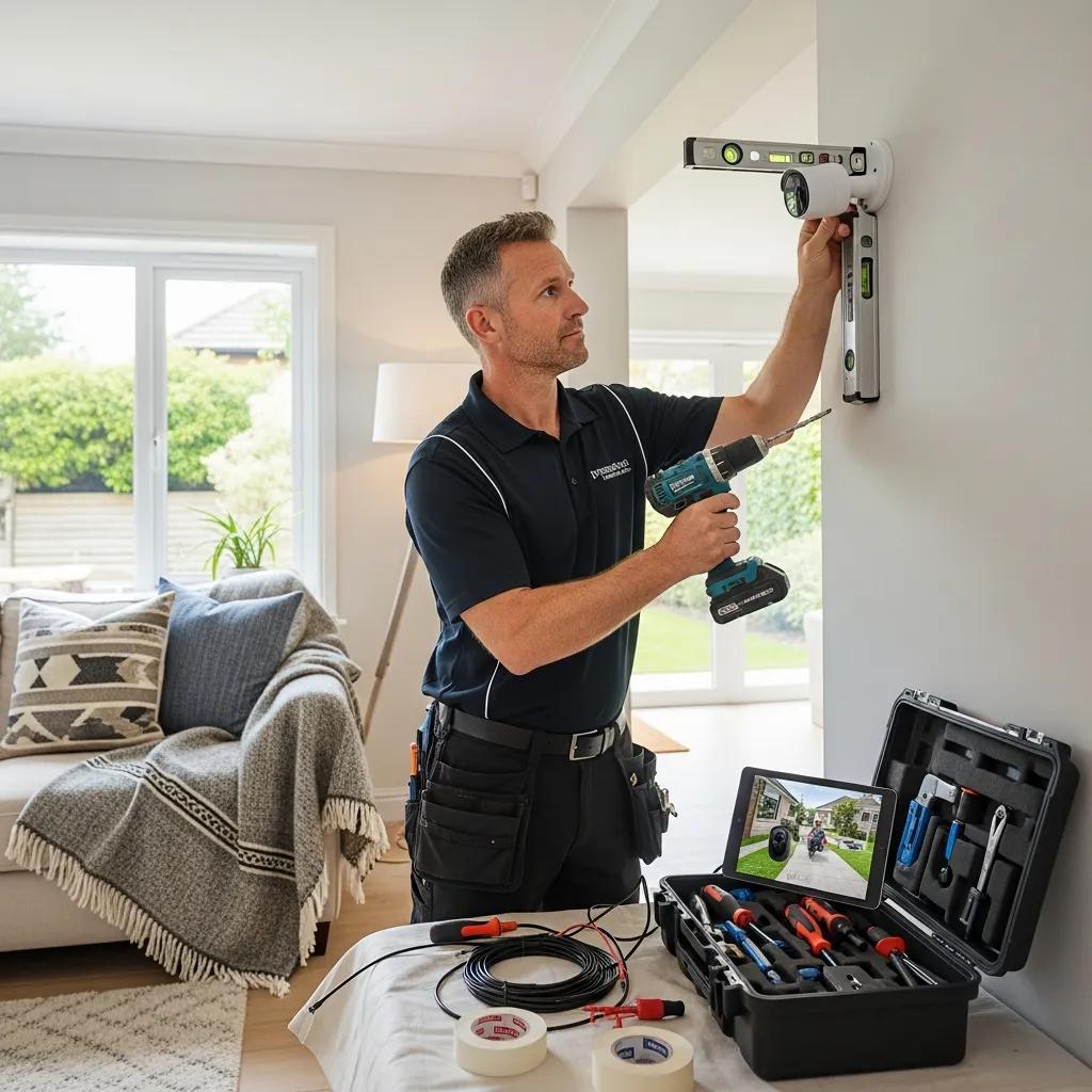 Professional technician installing a home security system in a Pendleton residence