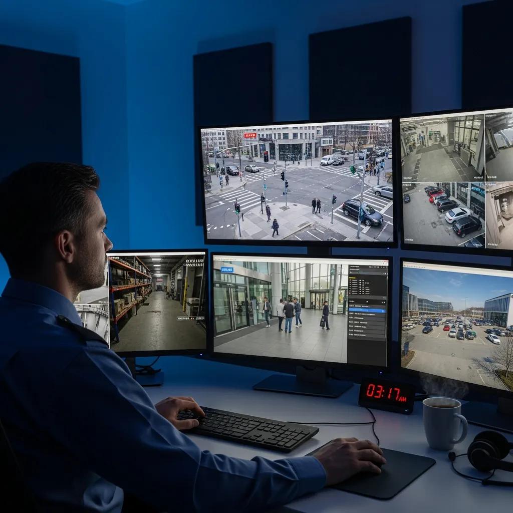 Security professional monitoring real-time surveillance footage in a control room