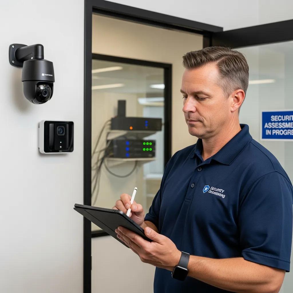 Security technician assessing business property for vulnerabilities