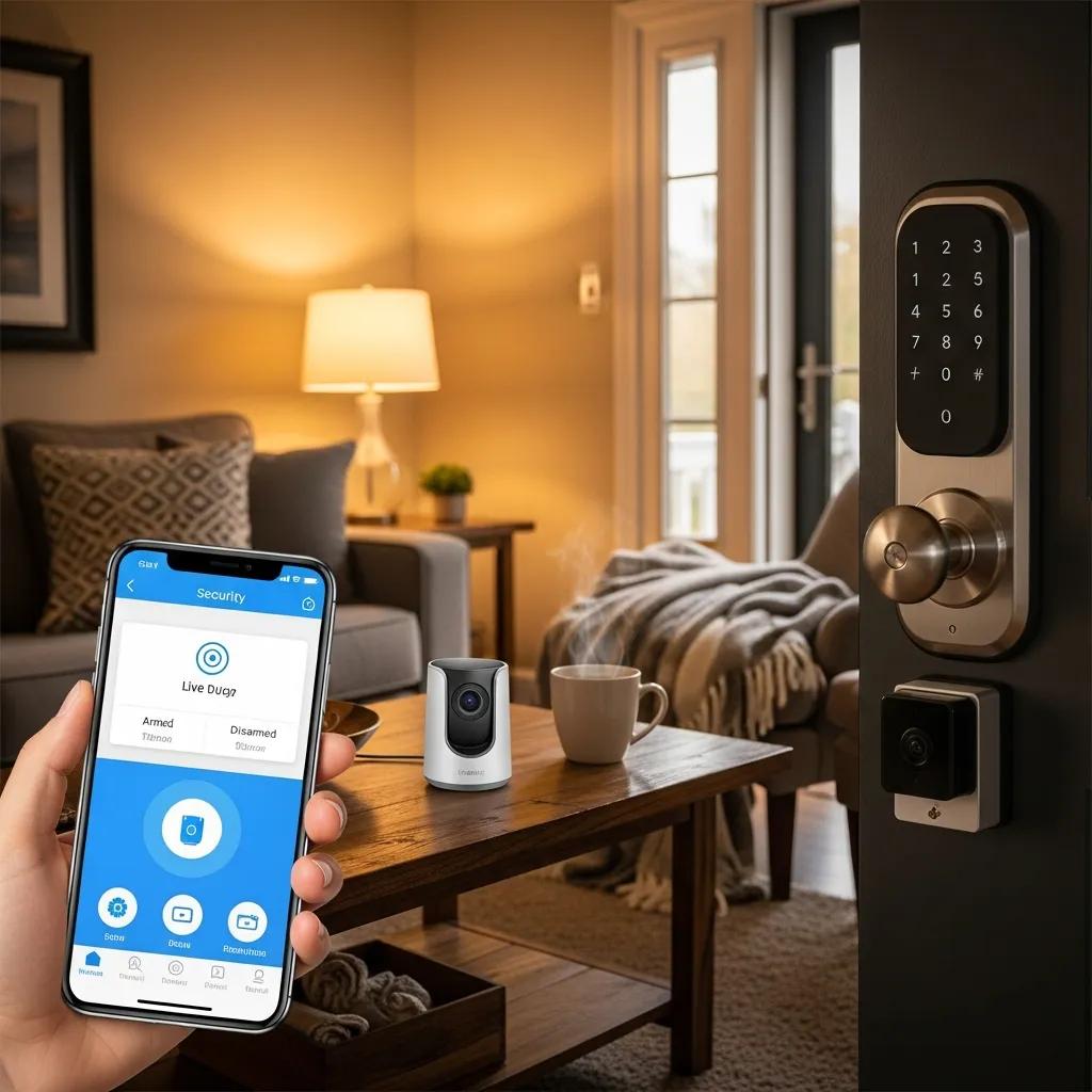 Smartphone app, security camera, and smart lock representing essential features of home security systems