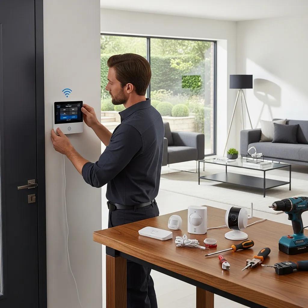 Technician installing a wireless alarm system in a modern home, showcasing ease of setup