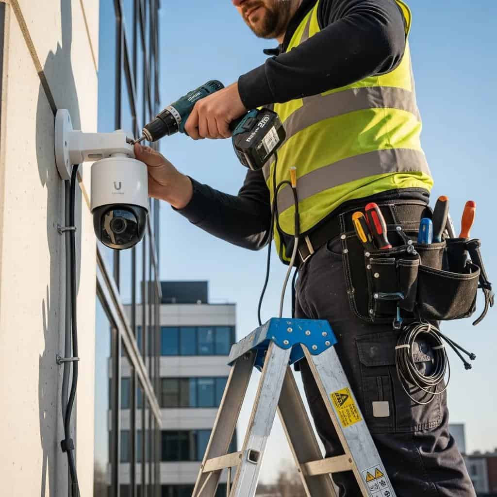 Technician installing Ubiquiti Unifi camera on a building