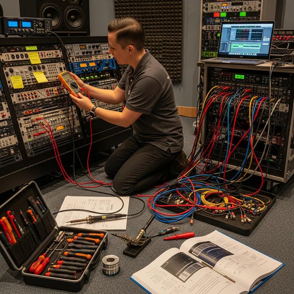 Technician troubleshooting audio system installation challenges