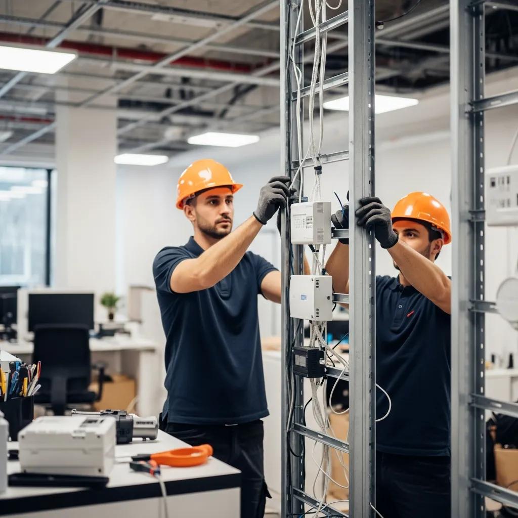 Technicians installing a wired alarm system in a commercial space