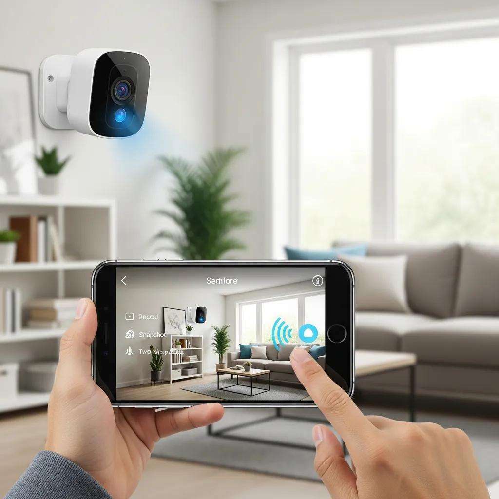 User interacting with a smart home security camera via smartphone app