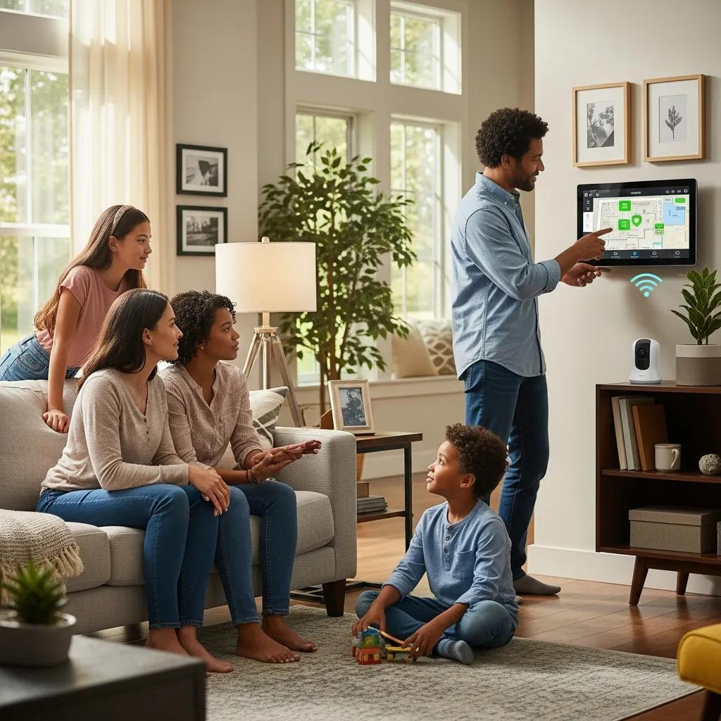 Family discussing smart home security system features