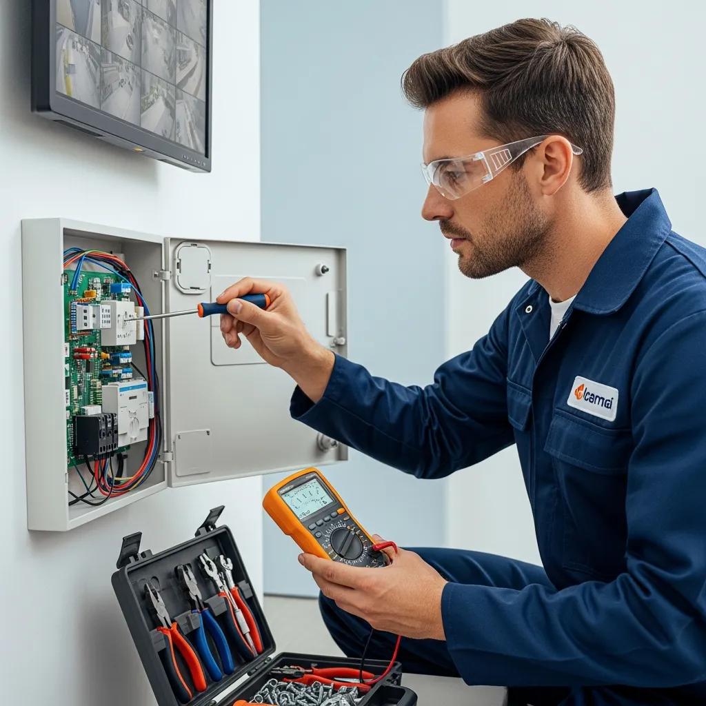 Technician performing maintenance on a security alarm system